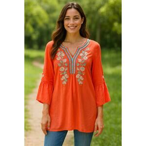 Cute Options Womens Top Size M Orange Embroidered Boho Tunic 3 4 Sleeve